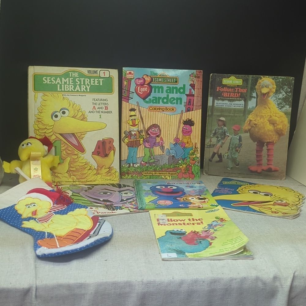 1988 Sesame Street Big Bird Plush Christmas Stocking Holder‎ & stocking, books